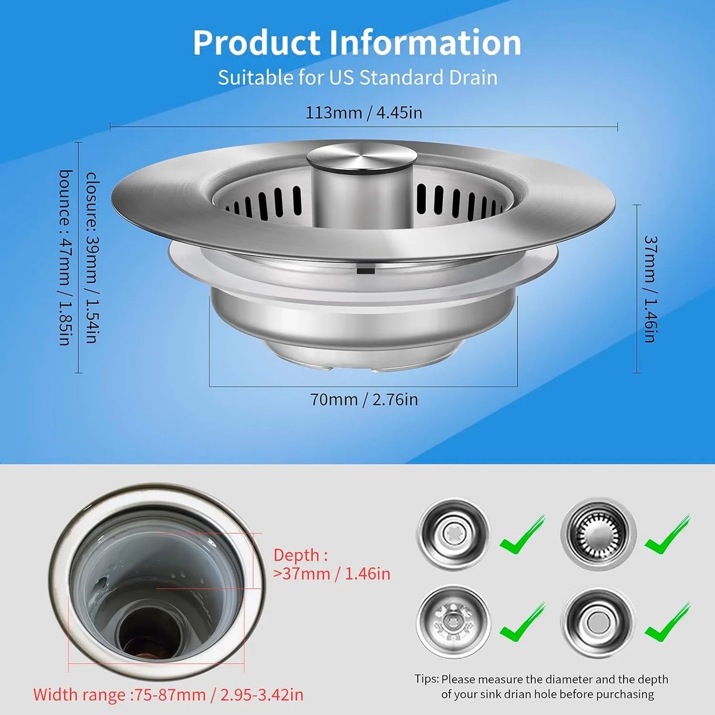 Stainless Steel Kitchen Sink Drain Strainer